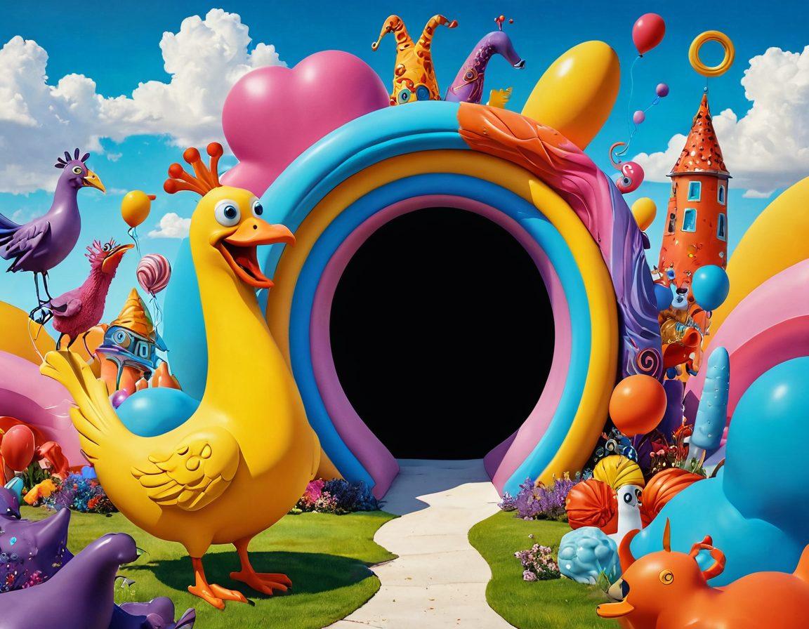 A whimsical portal with swirling colors leading into a fantastical realm, filled with exaggerated, cartoonish characters laughing and sharing jokes. In the background, a bright and surreal landscape with oversized funny objects like a giant rubber chicken and a whoopee cushion. Playful typography displaying the blog title in a quirky font. Emphasize humor and satire throughout the composition. vibrant colors. cartoon style. magical realism.