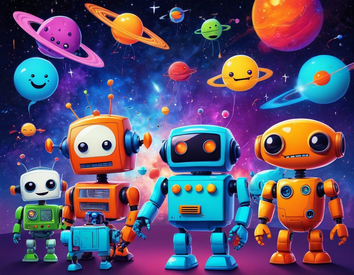 A whimsical scene featuring an array of colorful, cartoonish characters such as robots, aliens, and quirky animals exchanging punny jokes under a bright, swirling galaxy. The background should have colorful comic book-style speech bubbles filled with humorous one-liners. Add playful elements like binary code and pixelated icons floating nearby. The overall atmosphere should be lively and engaging, appealing to tech and humor enthusiasts alike. vibrant colors. cartoon style. high contrast.