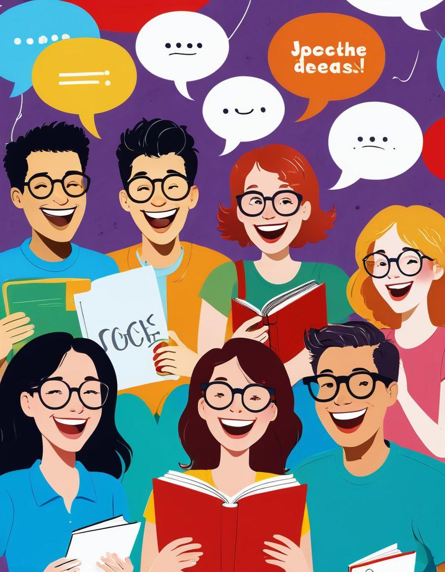 A whimsical illustration featuring a diverse group of quirky characters laughing heartily while holding joke books, surrounded by comical elements like speech bubbles with jokes, light bulbs representing ideas, and playful cartoon-style icons of gadgets. The setting should be bright and cheerful, creating a lighthearted and fun atmosphere. super-realistic. vibrant colors. playful cartoon style.